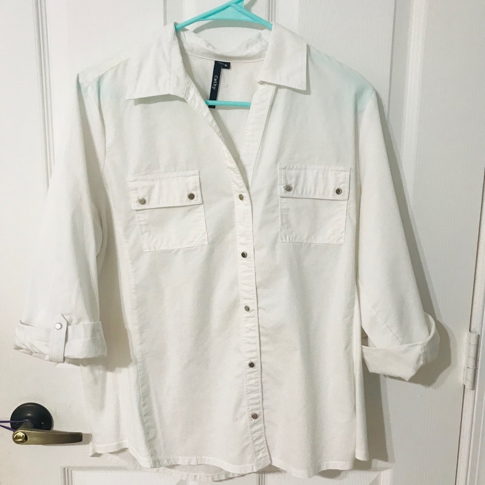 White Rolled Sleeves Button Down Top Size XL